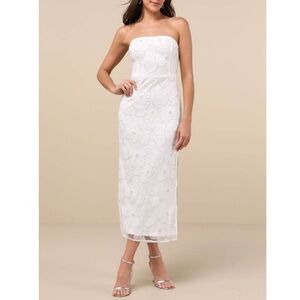 LULUS Loving Mentality White Tulle Beaded Strapless Midi Dress